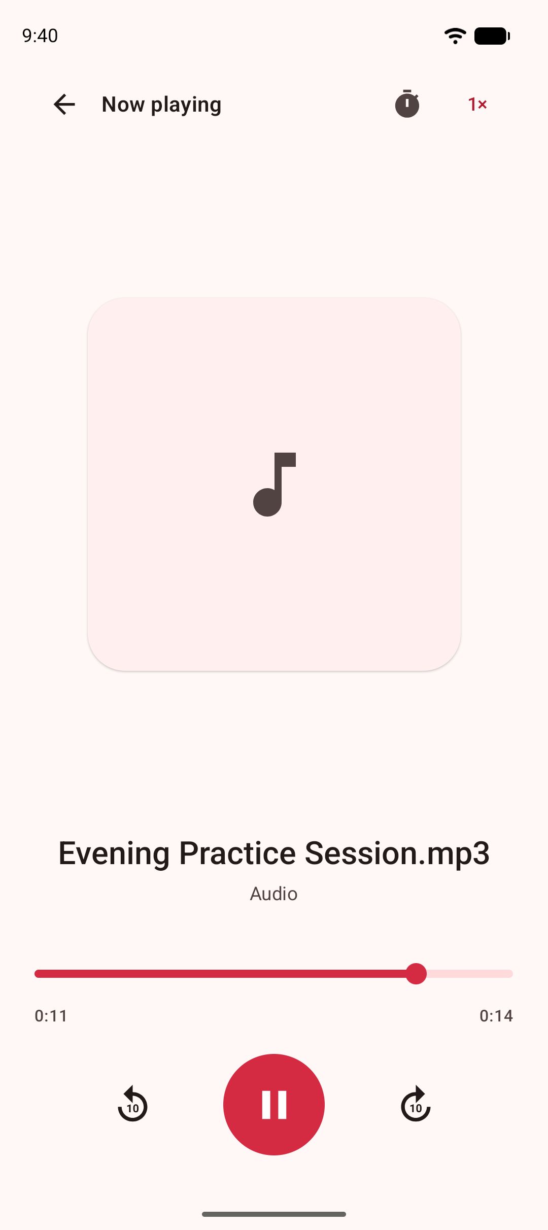 The audio player showing a saved MP3 with artwork, progress bar and controls.
