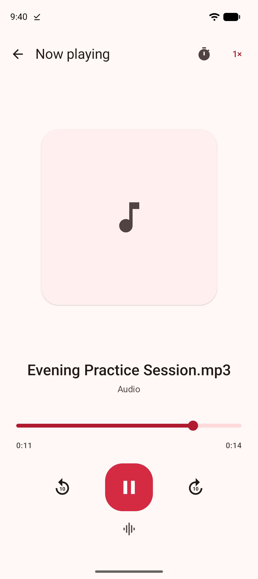 The audio player showing a saved MP3 with artwork, progress bar and controls.