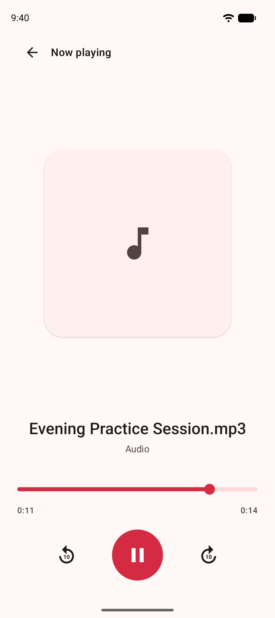 The audio player showing a saved MP3 with artwork, progress bar and controls.