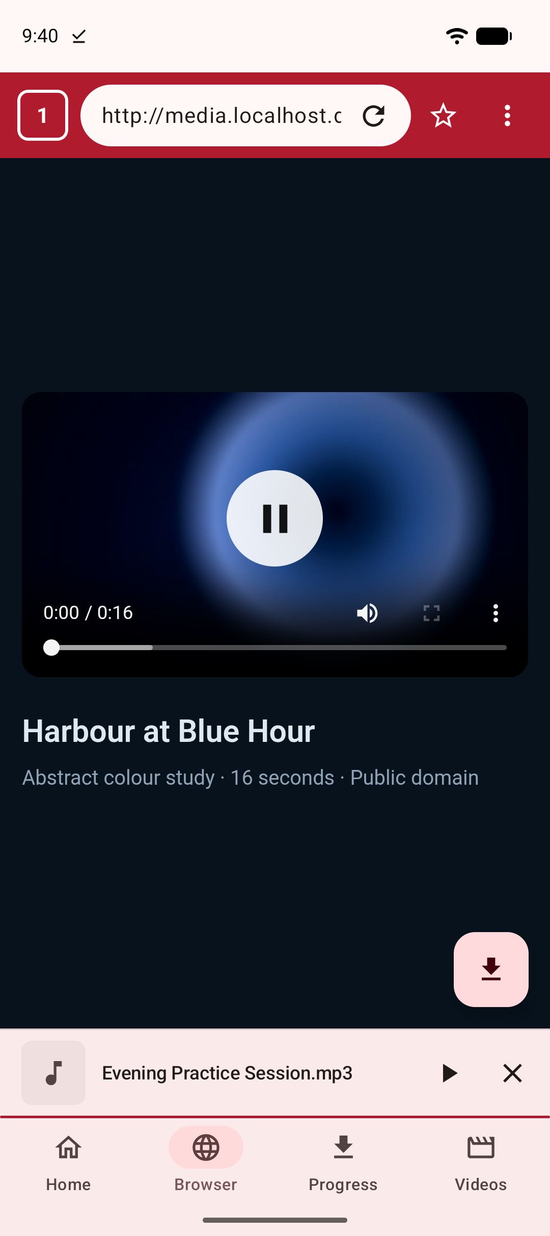 Kite’s built-in browser on a video page, with the save button ready in the corner.