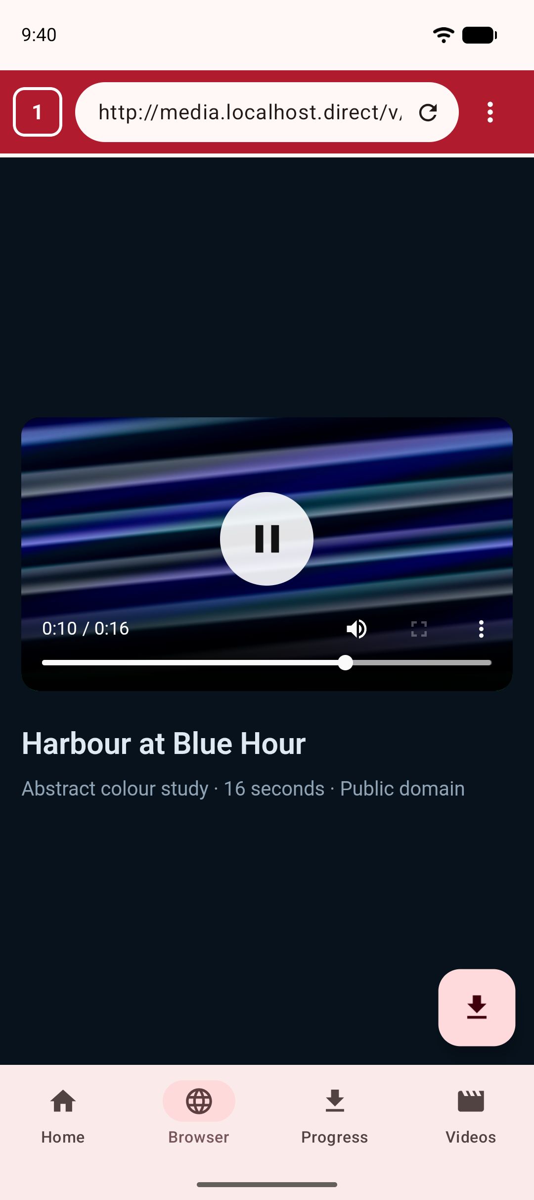 Kite’s built-in browser on a video page, with the save button ready in the corner.