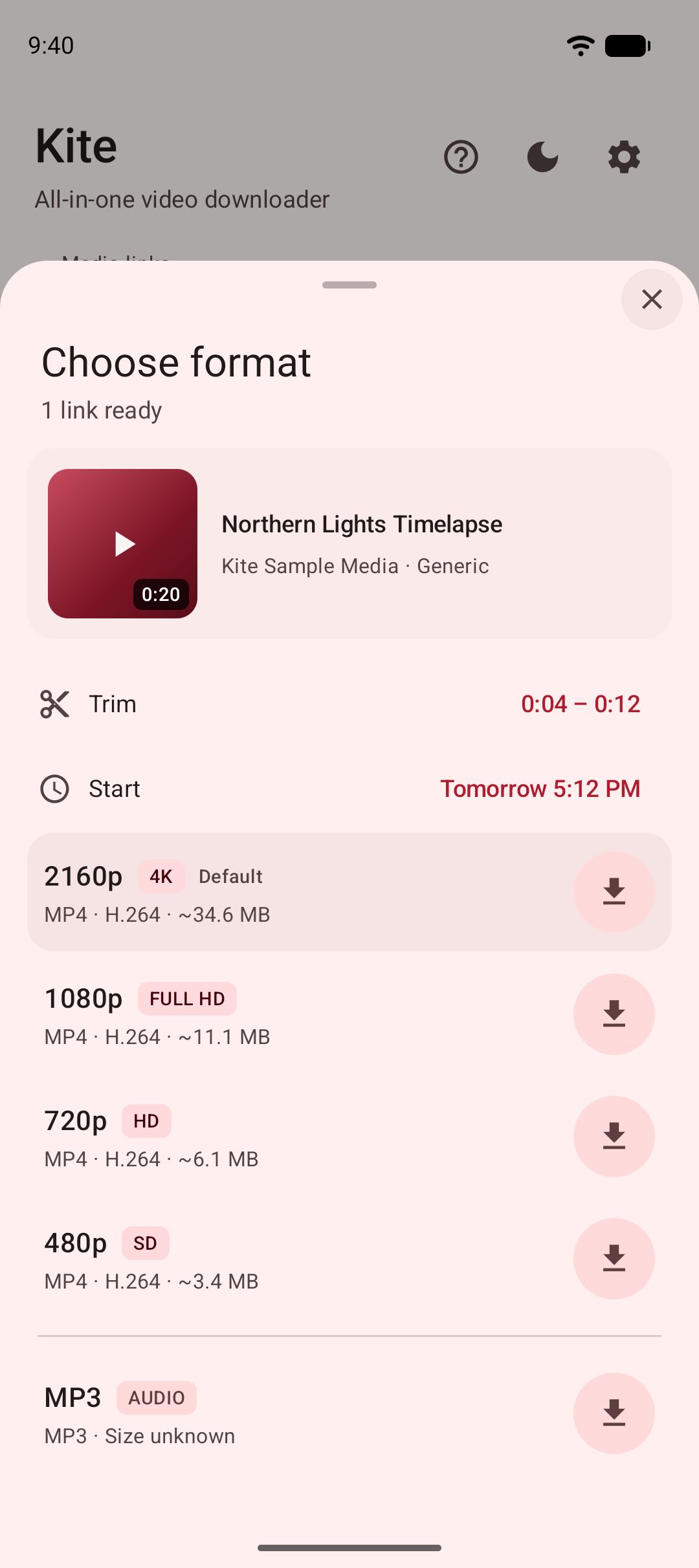 The format sheet: a trim range, a start time set for tomorrow, and 4K, Full HD, HD and audio-only options.