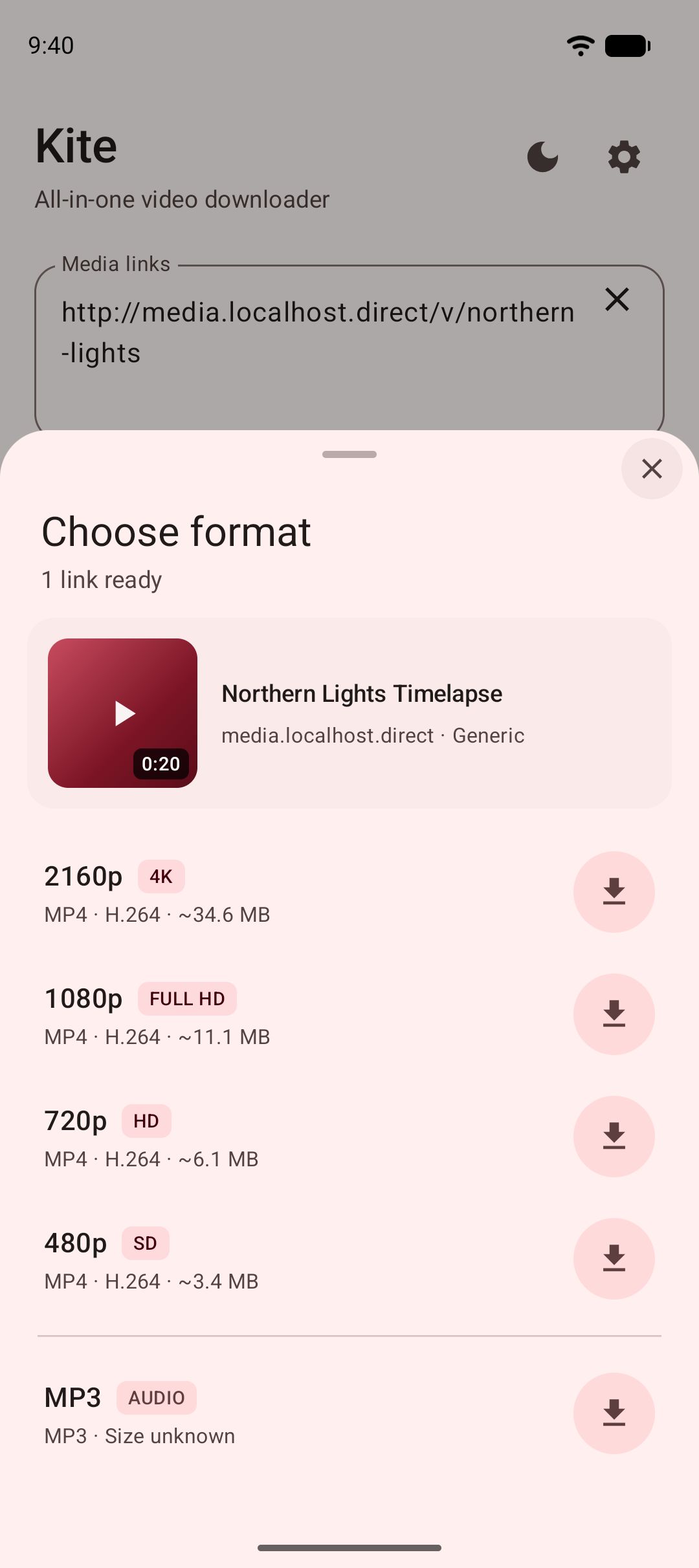 The format picker listing 4K, Full HD, HD and audio-only options for one video.