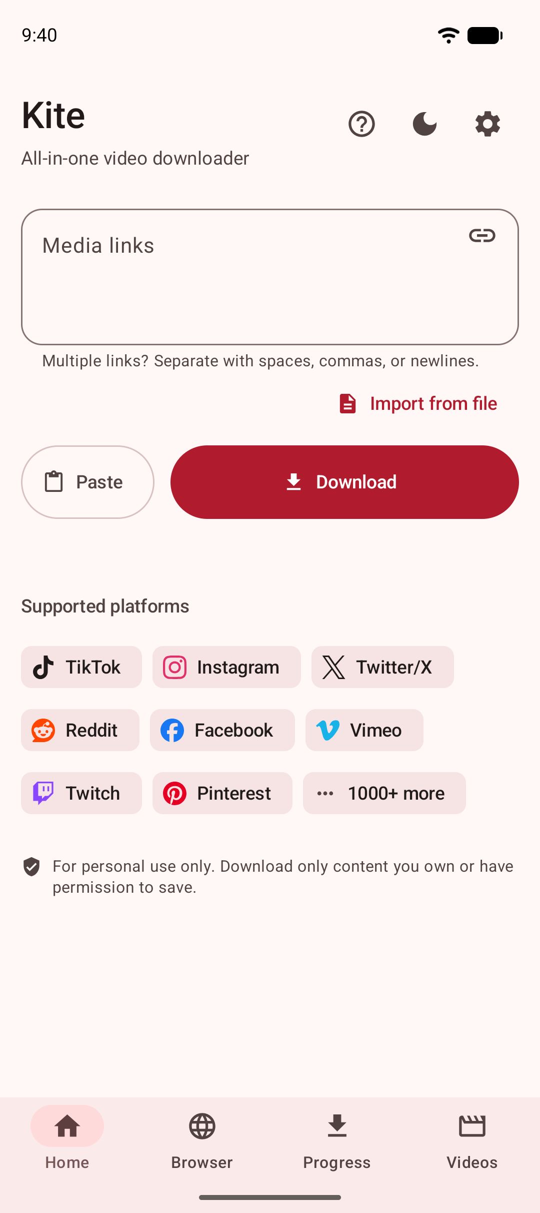 Kite’s home screen: a box for media links, a Download button, and the platforms it recognises.
