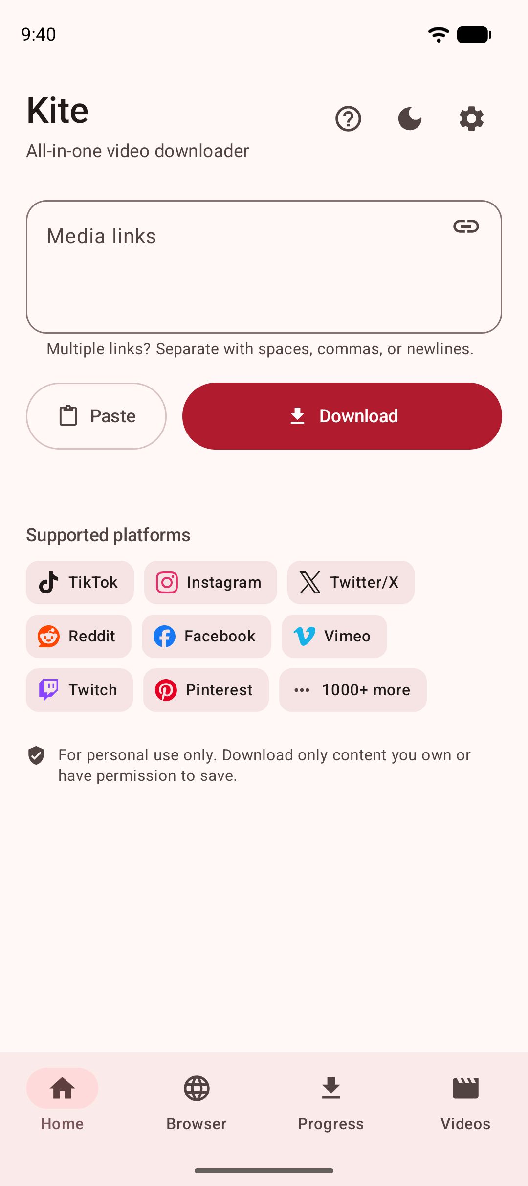 Kite’s home screen: a box for media links, a Download button, and the platforms it recognises.