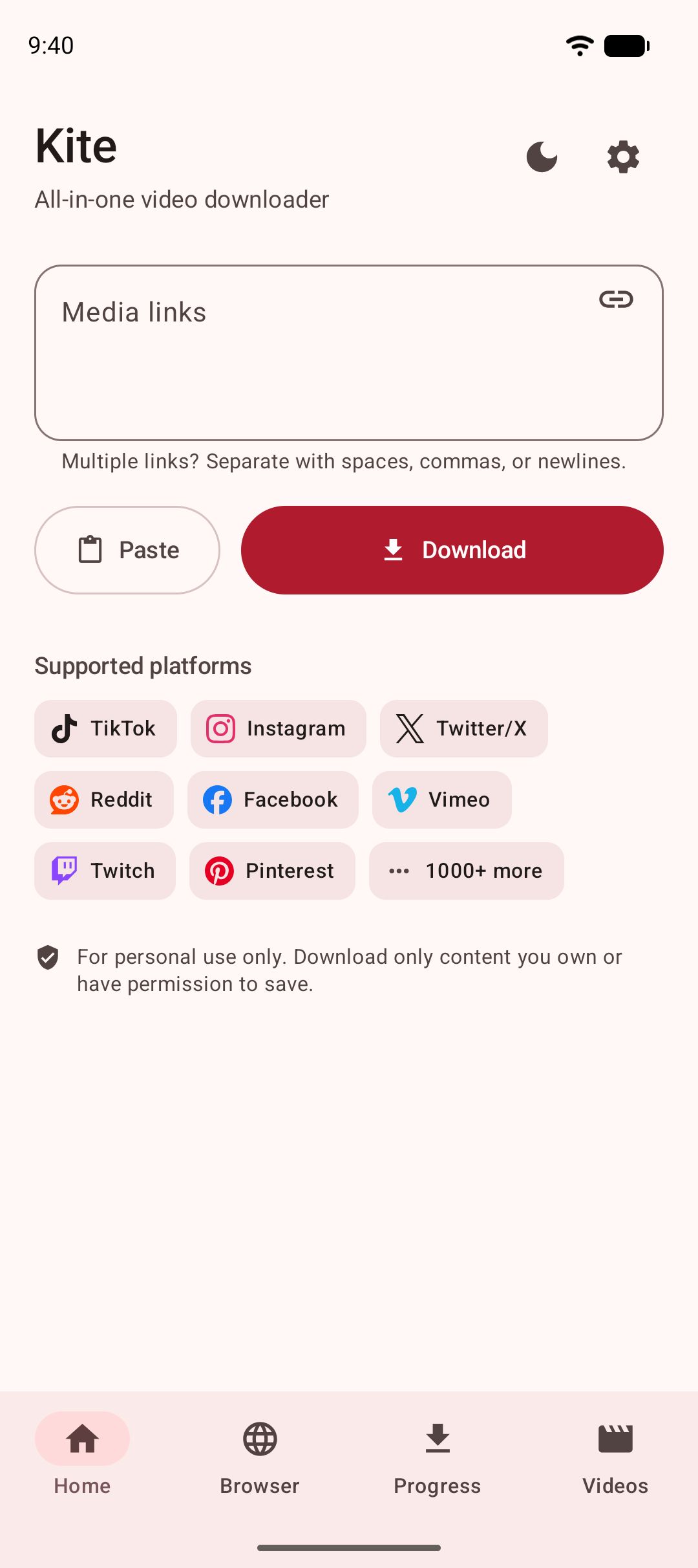 Kite’s home screen: a box for media links, a Download button, and the platforms it recognises.