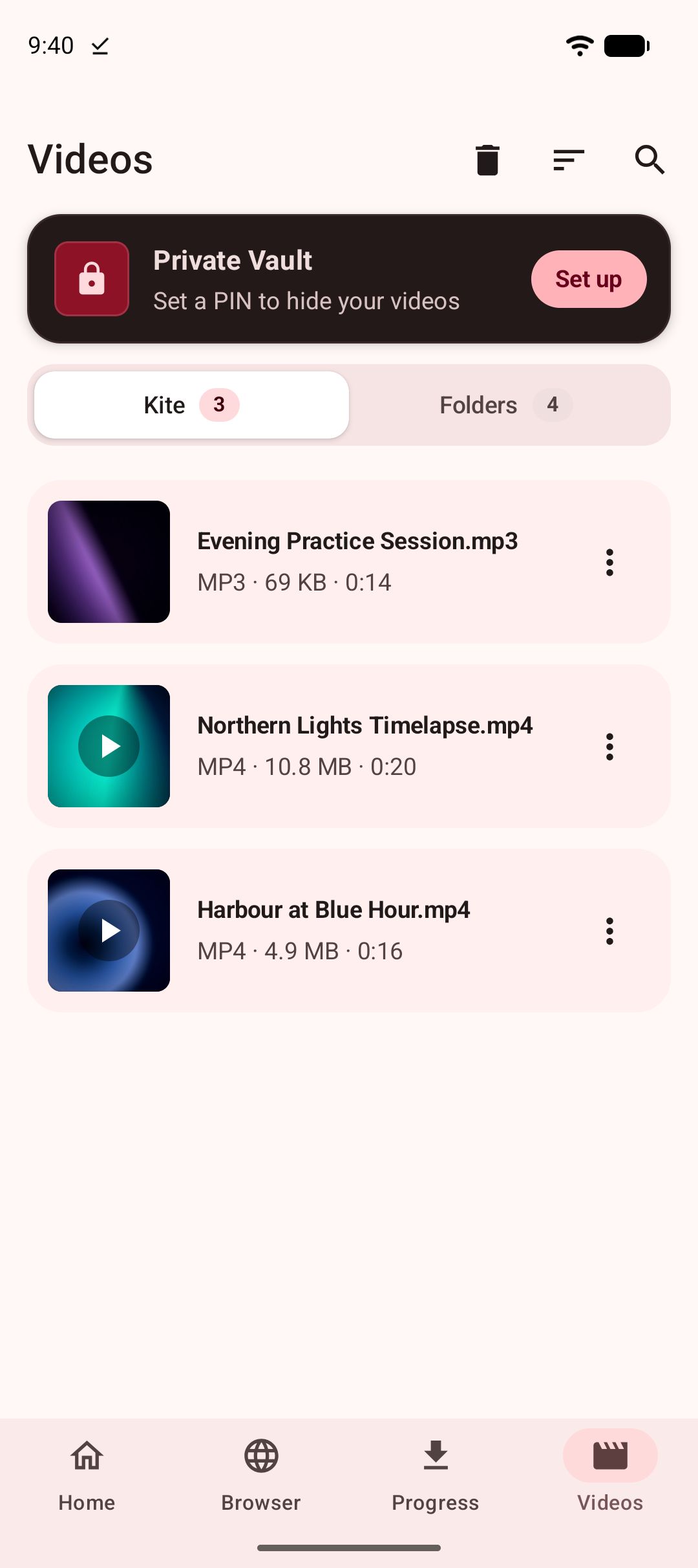 The Videos tab listing saved videos and music stored on the device.