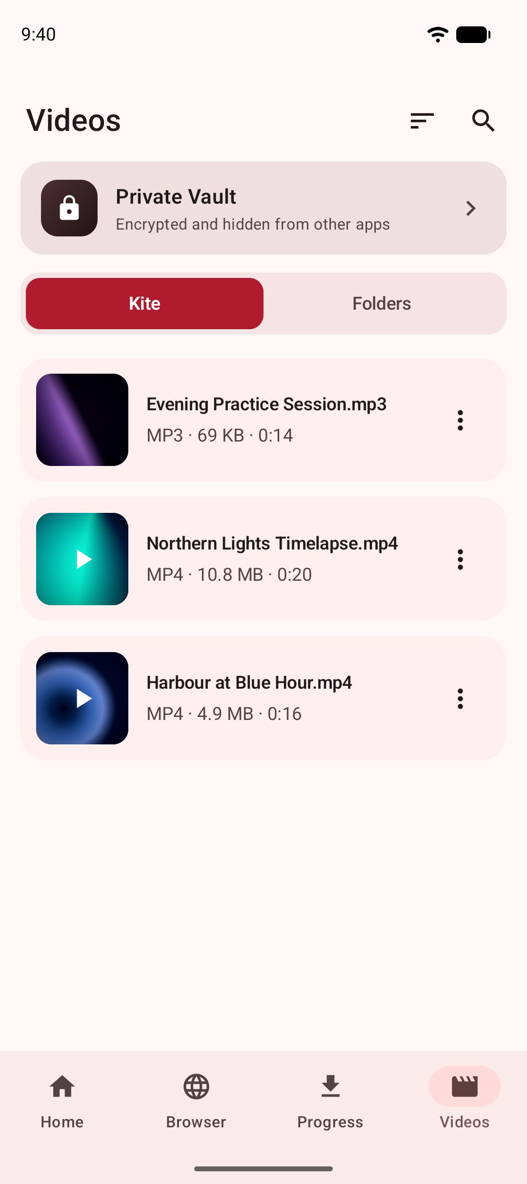 The Videos tab listing saved videos and music stored on the device.