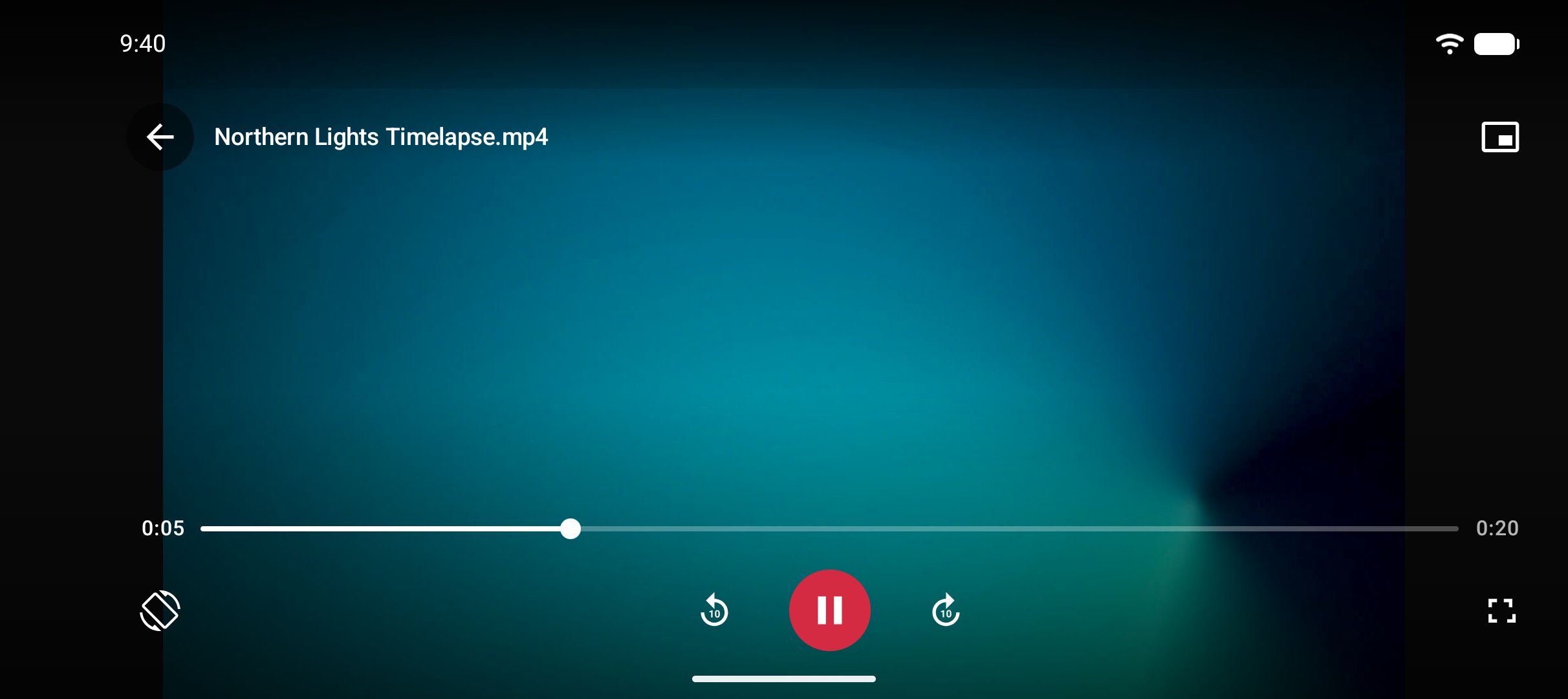 The video player with its scrubber and transport controls over a playing clip.