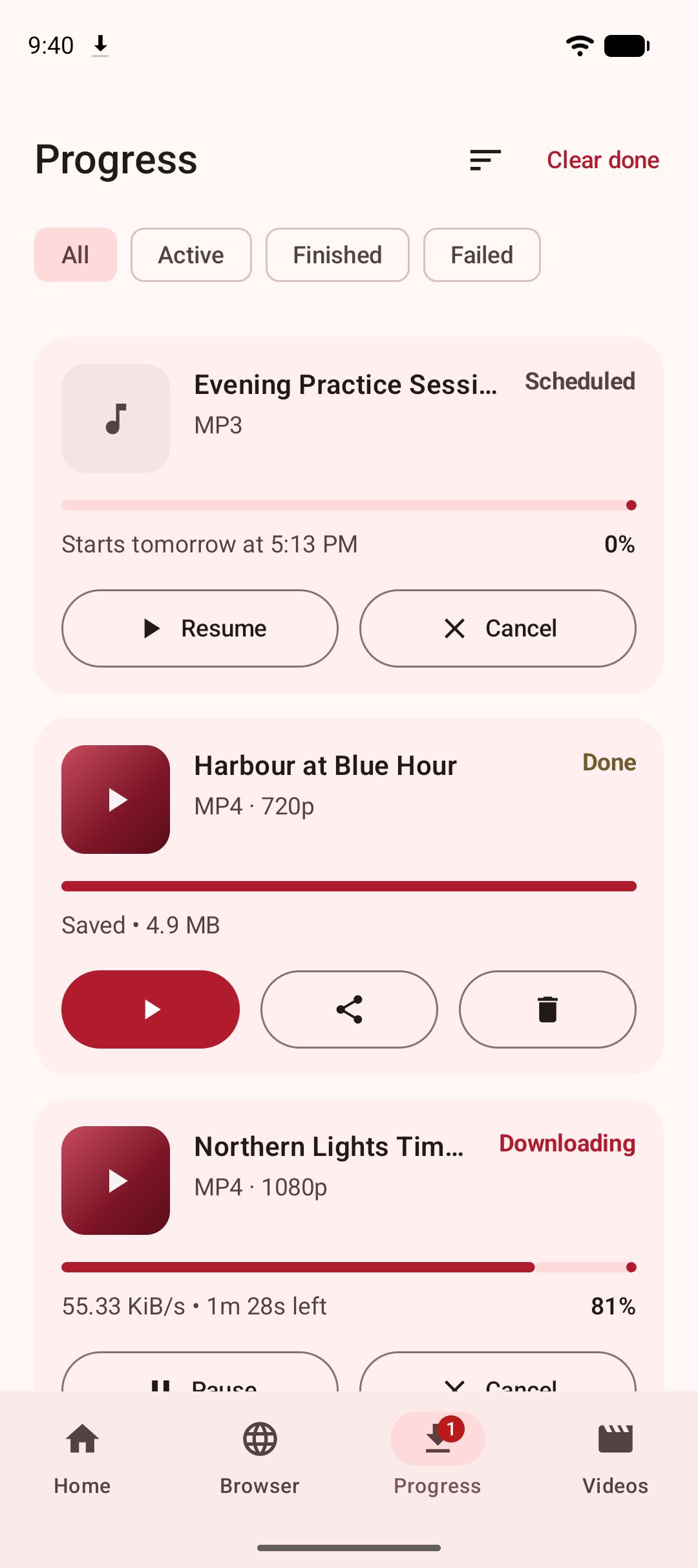 The Progress tab: two downloads in flight with speed and percentage, and one waiting for its scheduled time.