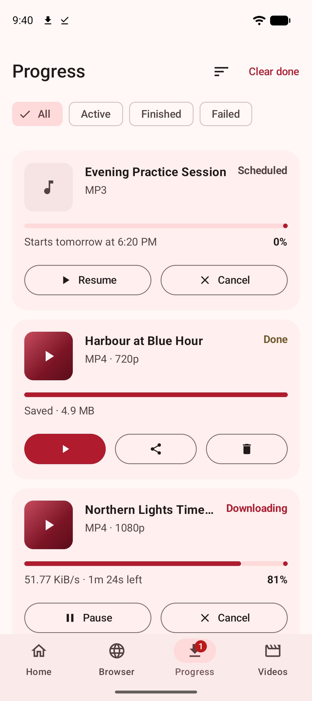 The Progress tab: two downloads in flight with speed and percentage, and one waiting for its scheduled time.