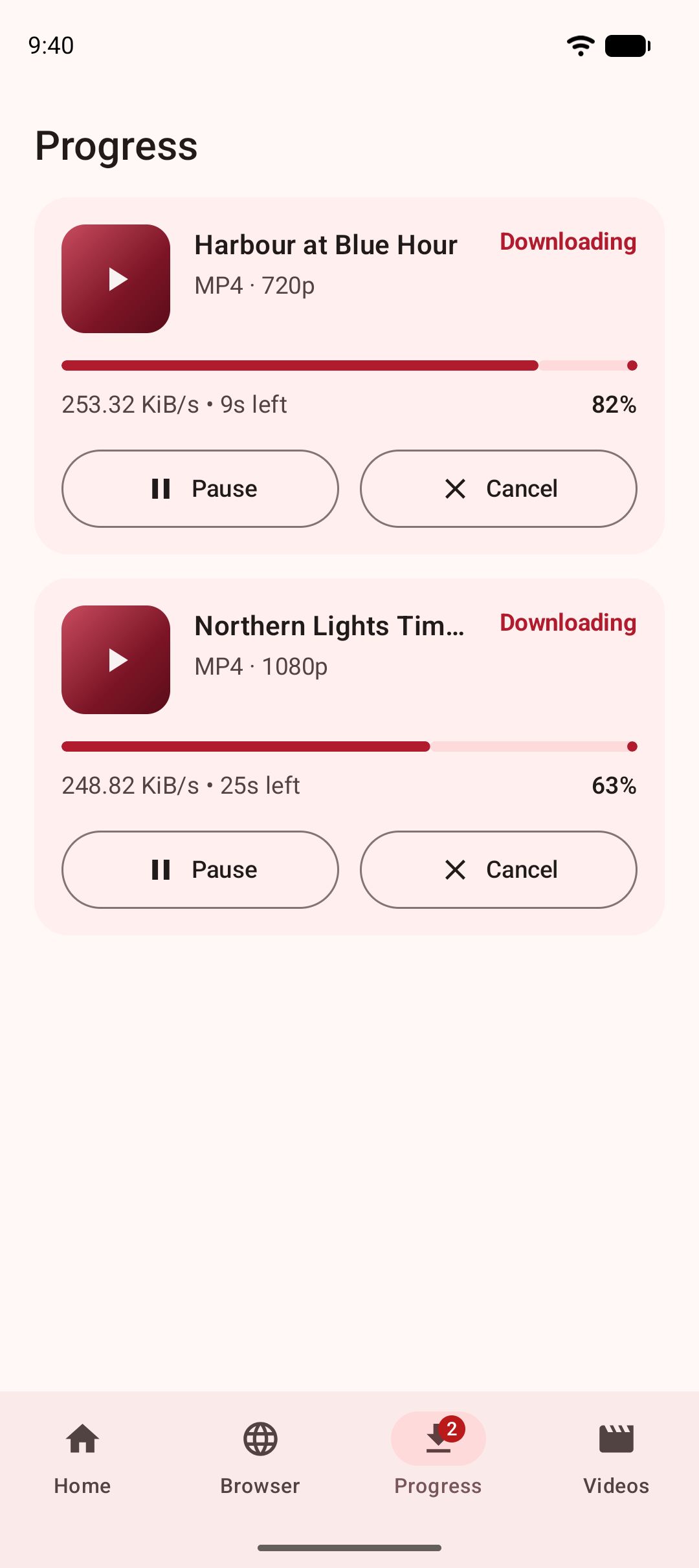 The Progress tab showing a download in flight with its speed, percentage and time left.
