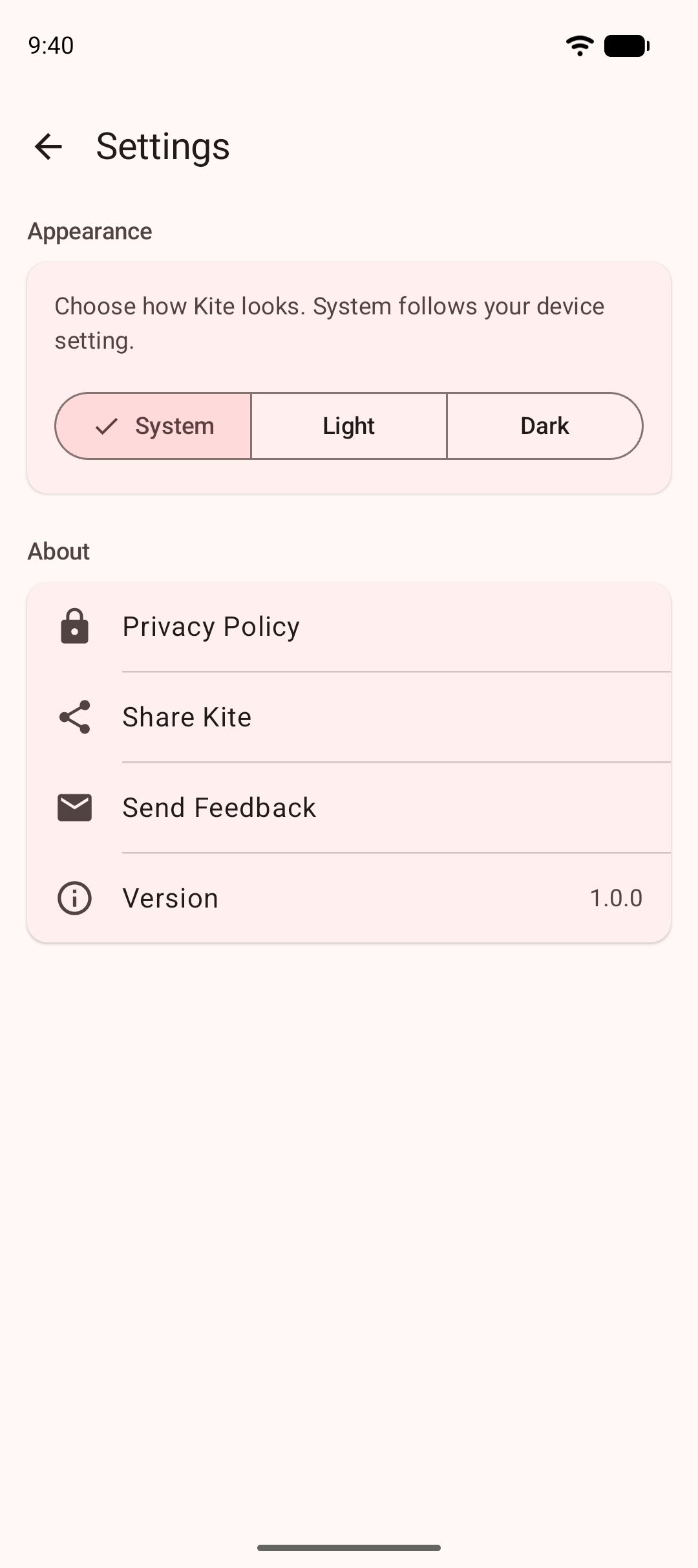 Kite’s settings screen with theme choices and links to the privacy policy.