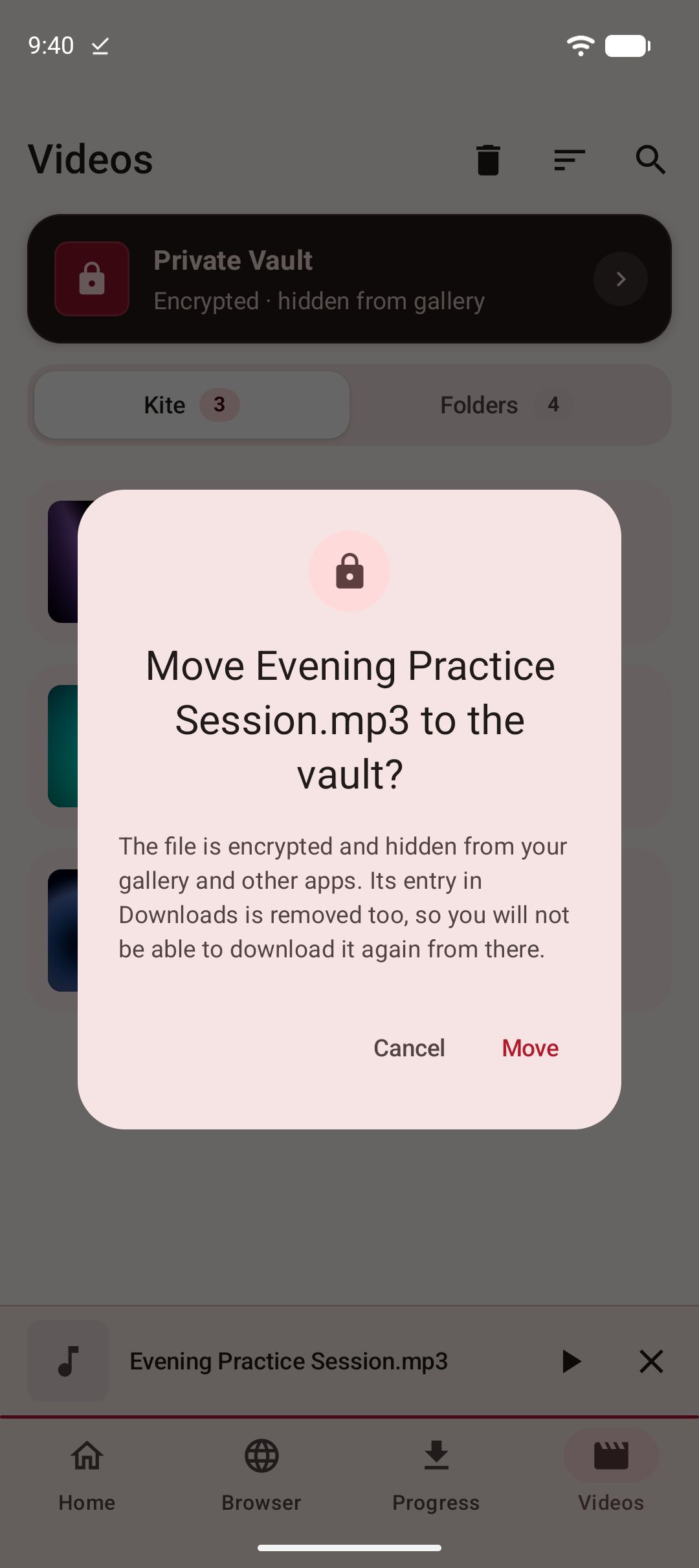 The Videos tab, with Kite confirming a saved file is about to be encrypted and moved into the Private Vault.