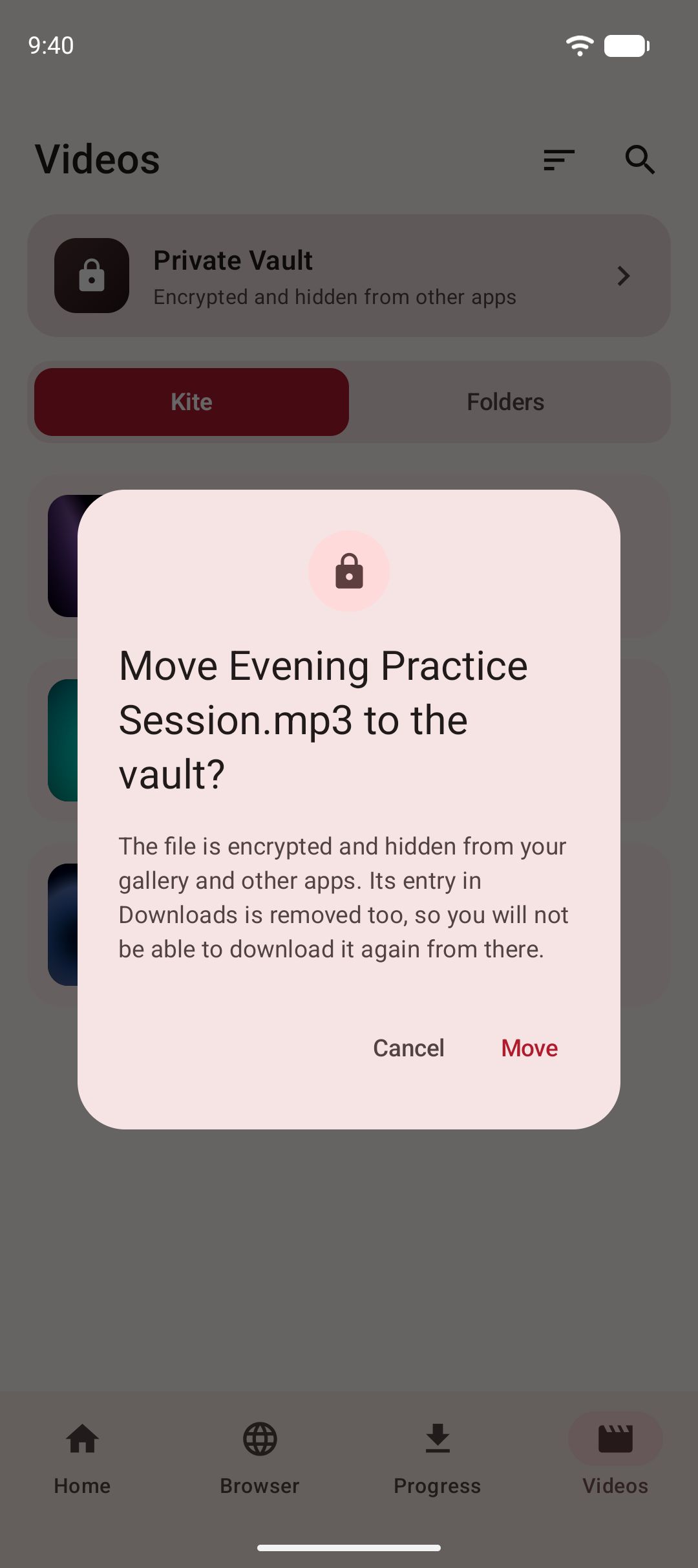 The Videos tab, with Kite confirming a saved file is about to be encrypted and moved into the Private Vault.